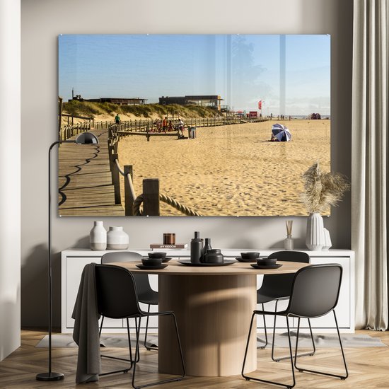 MuchoWow® Peinture sur verre 150x100 cm - Peinture sur verre acrylique - Terrasse en bois sur la plage au Portugal - Photo sur verre - Peintures