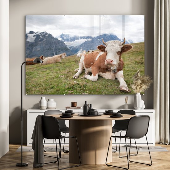 MuchoWow® Peinture sur verre 150x100 cm - Peinture sur verre acrylique - Vaches - Prairie - Alpes - Photo sur verre - Peintures
