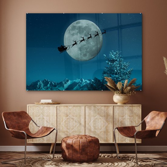 MuchoWow® Peinture sur verre 150x100 cm - Peinture sur verre acrylique - Rennes avec le Père Noël dans les airs - Photo sur verre - Peintures
