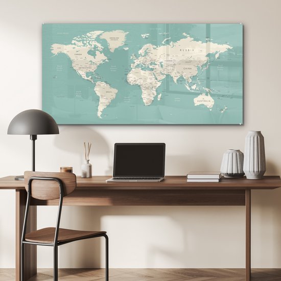 MuchoWow® Peinture sur verre 120x60 cm - Peinture sur verre - Wereldkaart - Blauw - Atlas - Photo sur verre acrylique - Peintures