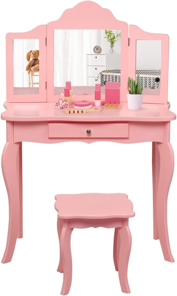 Table Maquillage Fille Avec Tabouret – Coffret Accessoires Princesse – Pour Jeu De Rôle 3+ Ans