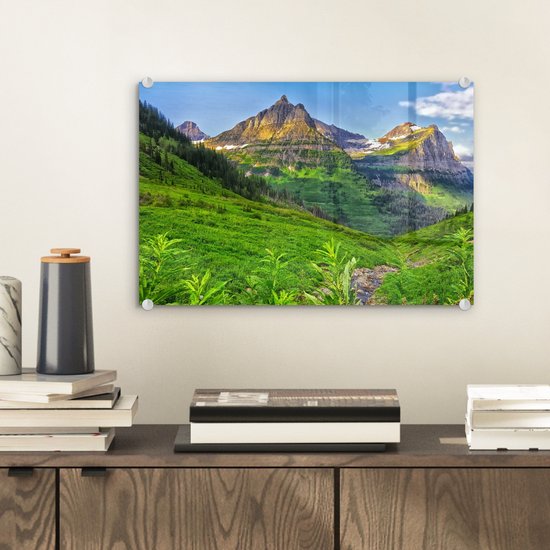 MuchoWow® Peinture sur verre 30x20 cm - Peinture sur verre acrylique - Montagnes de couleur verte dans le parc national américain des Glaciers - Photo sur verre - Peintures