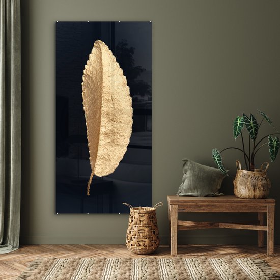 MuchoWow® Tableau sur Verre - Feuilles - Noir et Or - Luxe - Chic - Nature - 80x160 cm - Peintures sur Verre Acrylique - Photo sur Glas