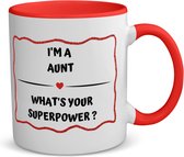 Akyol - i'm a aunt what's your superpower? koffiemok - theemok - rood - Tante - super tante - verjaardag - cadeautje voor tante - tante artikelen - kado - geschenk - 350 ML inhoud