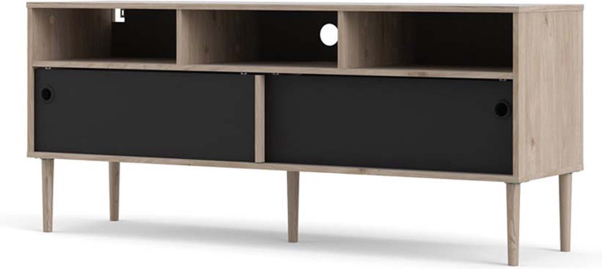 Penny TV-meubel 2 schuifdeuren en 3 vakken Hickory decor en mat zwart.