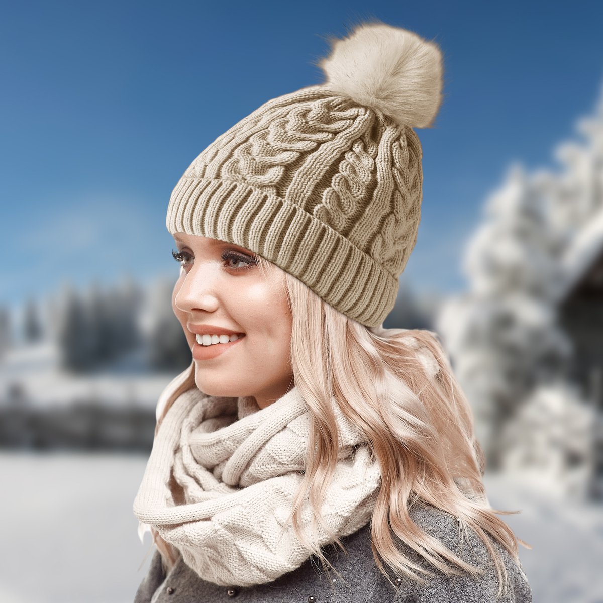 CALIYO Beanie Muts - Wintermuts Dames - Warme Mutsen met Imitatiebont Pompon - Gebreide Skimutsen - Gevoerd Wol - Beige — cadeau in Mode & Accessoires - foto 2
