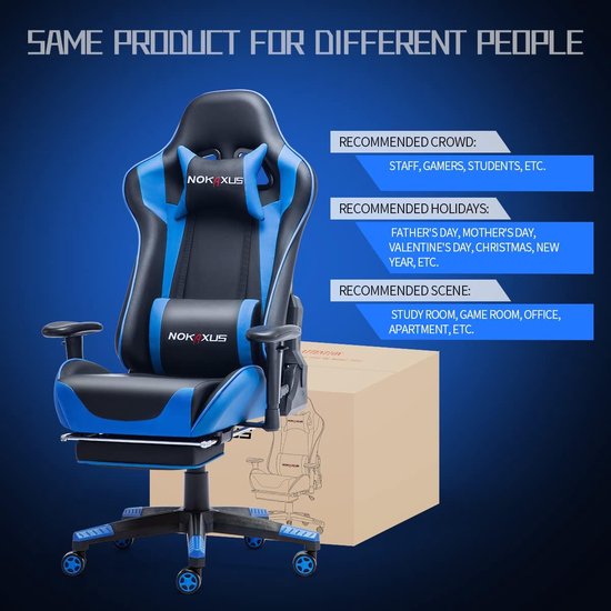 Chaise Gaming Ergonomique, Repose-Pieds Rétractable et Dossier Réglable,  Charge 150kg Bleu