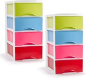 Plasticforte ladeblokje/bureau organizer - 2x stuks - 4 lades - multi kleur - L18 x B25 x H33 cm