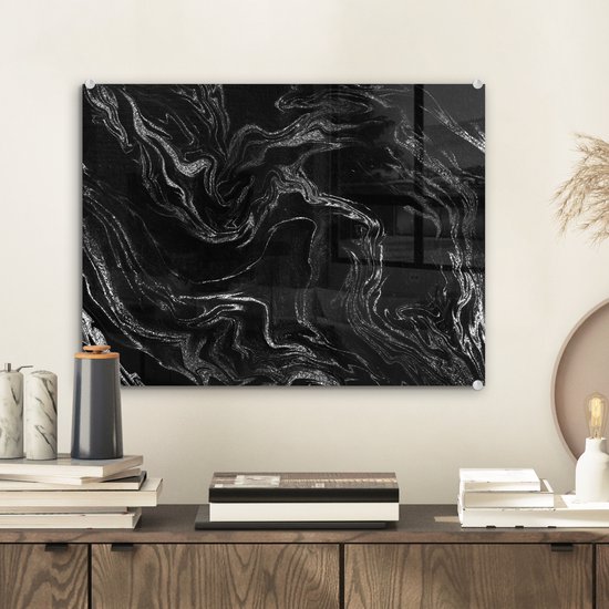 MuchoWow® Peinture sur verre 40x30 cm - Peinture sur verre acrylique - Marbre - Zwart - Luxe - Argent - Photo sur verre - Peintures