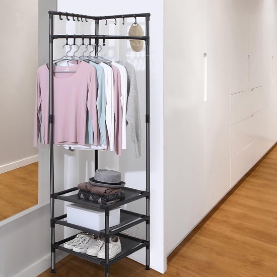 SoBuy Telescopisch Kledingrek, Stevig Kledinghangerrek, Verstelbare Open Garderobekast met Kledingstangen en Planken voor Slaapkamer, Inloopkast, Bruin KLS04-II-BR