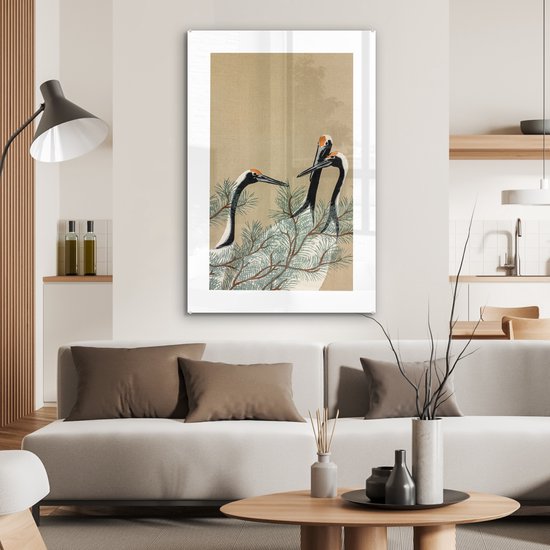 Peinture sur Verre - Japandi - Grue - Feuilles - Branche - 60x90 cm - Peintures sur Verre Peintures - Photo sur Glas