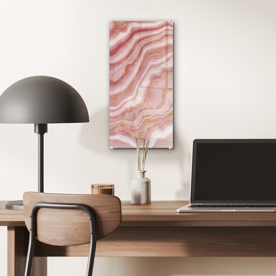 ® Glasschilderij 20x40 cm - Schilderij acrylglas - Marmer - Rood - Wit - Foto op glas - Muurdecoratie woonkamer - Wanddecoratie slaapkamer - Schilderijen