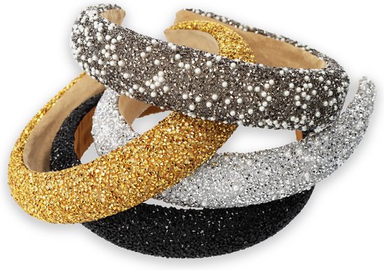 Stapel van vier brede haarbanden: zwart, zilver, goud en grijs met parels, allemaal met glitters.