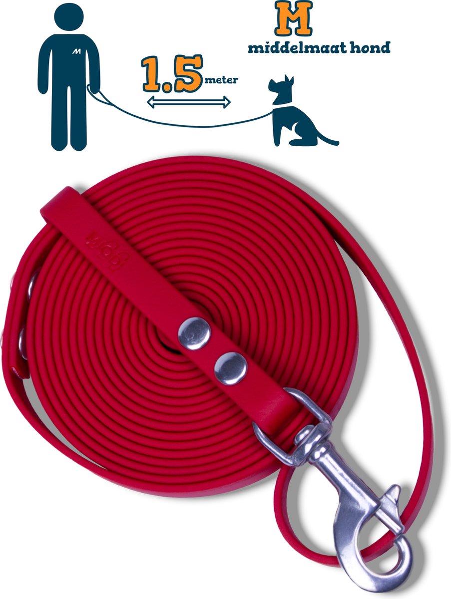 Miqdi hondenriem - BioThane® – rood – 1.5 meter lang – 13mm breed – M – middelmaat hond