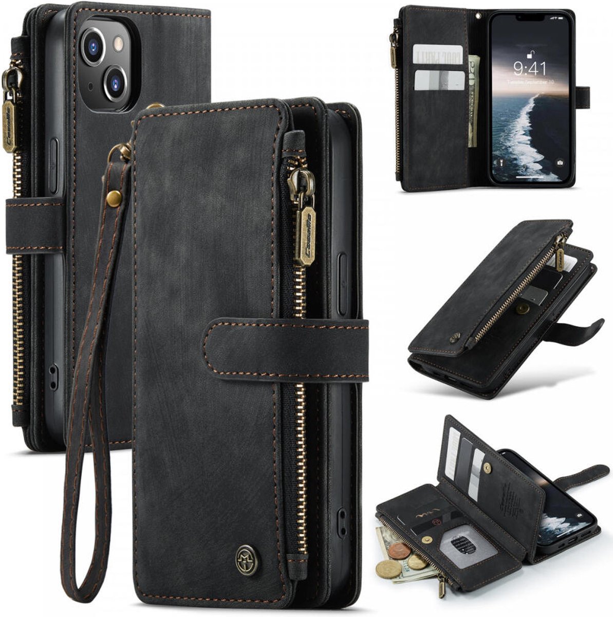 CaseMe C30 Hoesje Geschikt voor Apple iPhone 14 | Wallet Zipper Book Case met Pasjeshouder | Beschermhoes met Portemonnee | Zwart