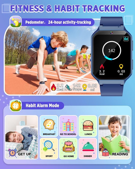 Kiddowz Smartwatch kinderen - Kinderhorloge - 5 t/m 12 jaar - met camera, filters en 26 kids spelletjes - Stappenteller - Blauw - Kiddowz