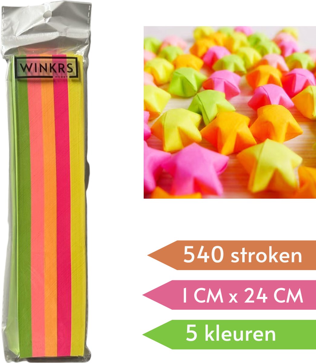 Papierstroken in 5 neon kleuren - 540 stuks - 1CM x 24CM - Vlechtstroken - Origami Papier voor sterren - Lucky Stars vouwen — afbeelding 4