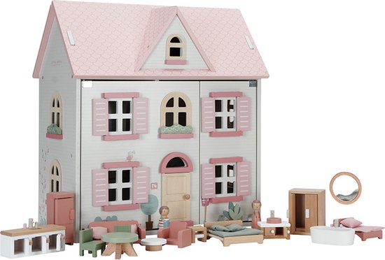 Houten poppenhuis met roze dak, openklapbare deuren, gedetailleerde kamers, meubels en poppetjes.