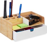 Organisateur de bureau Relaxdays avec tiroir - boîte à stylos en bambou 9 compartiments - organiseur maquillage bois