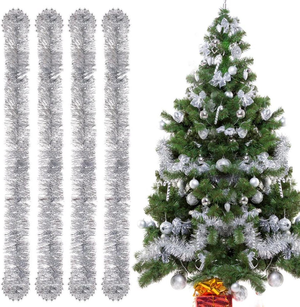 Beweeg over de afbeelding om in te zoomen Kerstslingers, 4 stuks lametta-kerstboom, 3 m lamettaslinger, lametta-slinger, Kerstmis, kerstdecoratie, lametta voor kerstboom, kerstfeest, verjaardagsfeestdecoratie (zilver)