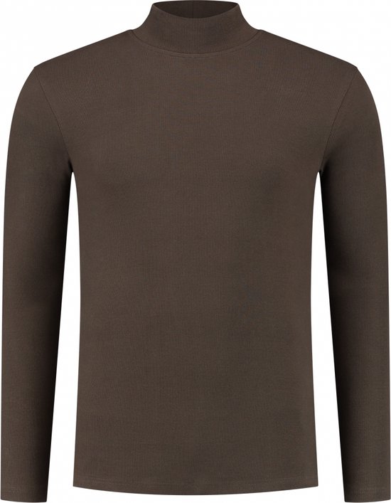 Purewhite - Heren Slim fit T-shirts Mockneck LS - Brown - Maat XS