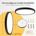 Afmetingen van de zwarte Goliving plafondlamp: 300 mm diameter, 21 mm dik, 160 mm montagehoogte. Inclusief schroeven en pluggen.