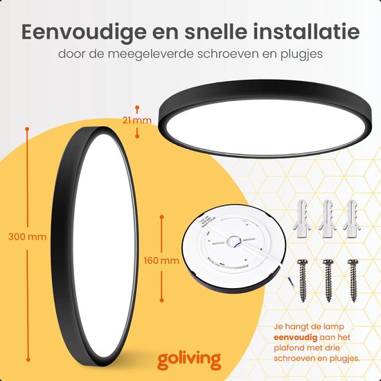 Afmetingen van de zwarte Goliving plafondlamp: 300 mm diameter, 21 mm dik, 160 mm montagehoogte. Inclusief schroeven en pluggen.