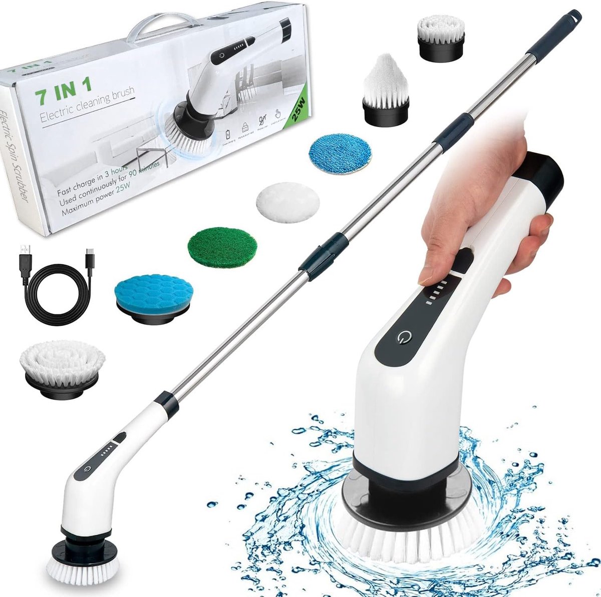 ‎ZDHTWMXL Snoerloze Elektrische Schoonmaakborstel Snoerloze Schoonmaakborstel met 7 verwisselbare opzetborstels elektrische mop met verstelbare steel voor Badkamer Keuken Auto (Wit)