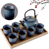 Japanse porseleinen theepot, unieke Chinese theeserviesset met 1 theepot keramiek, 6 theekopjes en 1 theedienblad, lichtblauw
