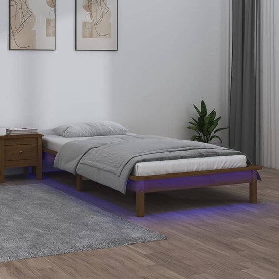 The Living Store Houten Bedframe - LED-Verlichting - Massief Grenenhout - 202 x 101.5 x 26 cm