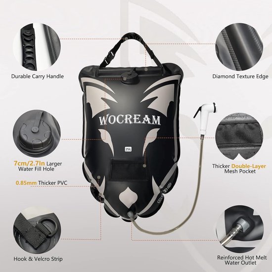 Sac Douche Solaire CyConnect 25L - Tête Loup, PVC 0.85mm, Portable Camping