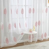 Transparante gordijnen met roze en wit bladerpatroon, ringen 280 cm hoog, moderne gordijnen woonkamerset van 2, geborduurd raamringgordijn kort, slaapkamergordijnen.
