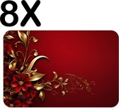 BWK Flexibele Placemat - Diep Rode Achtergrond met Rode en Gouden Bloemen - Set van 8 Placemats - 45x30 cm - PVC Doek - Afneembaar