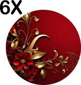 BWK Flexibele Ronde Placemat - Diep Rode Achtergrond met Rode en Gouden Bloemen - Set van 6 Placemats - 50x50 cm - PVC Doek - Afneembaar