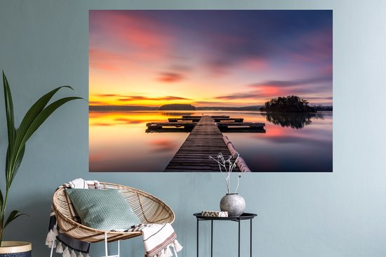 Muurstickers - Sticker Folie - Steiger - Zonsondergang - Water - Zee - Reflectie - 120x80 cm - Plakfolie - Muurstickers Kinderkamer - Zelfklevend Behang - Zelfklevend behangpapier - Stickerfolie