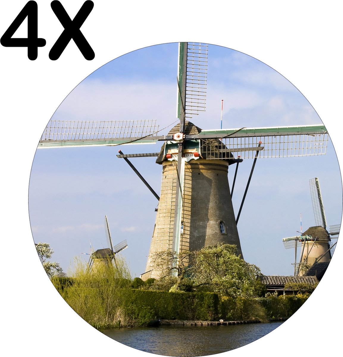 BWK Flexibele Ronde Placemat - Nederlandse Molens aan het Water - Set van 4 Placemats - 40x40 cm - PVC Doek - Afneembaar