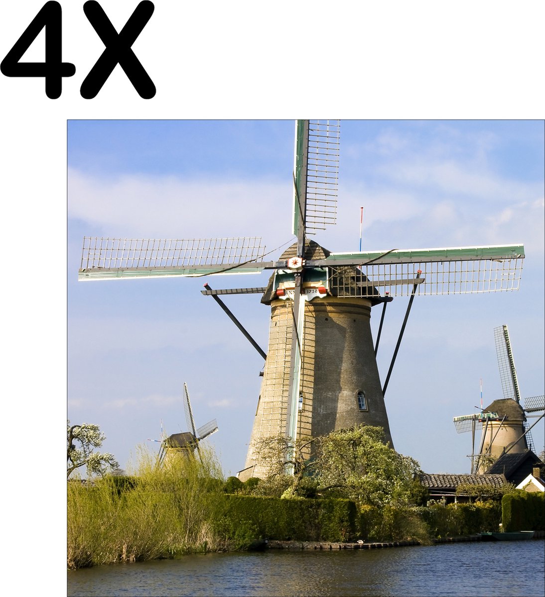 BWK Textiele Placemat - Nederlandse Molens aan het Water - Set van 4 Placemats - 40x40 cm - Polyester Stof - Afneembaar