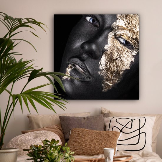 Toile Peinture Femme - Goud - Zwart - Peinture - Luxe - 90x90 cm - Décoration murale
