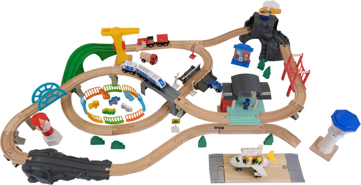 Bandits & Angels Houten Treinset Transport Thema 100 delig vanaf 3 jaar voor Jongens en Meisjes - Trein Set van Hout inclusief Accessoires - 100 delen - Houten Treinbaan met Trein, Hijskraan, Vliegtuig, Helikopter — afbeelding 12