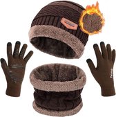 Winter Warm Gebreide Slouch Beanie Muts Skiën Nekwarmer Sjaal Handschoenen Reeks met Dubbellaags Fleece Voering voor Mannen Dames,donkerbruin, 3stuk.