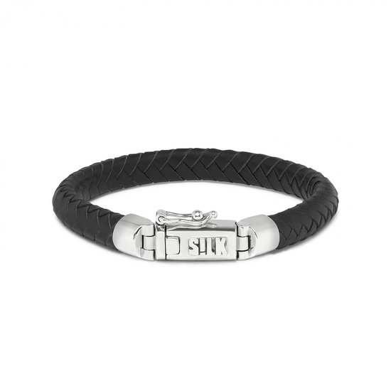 SILK Jewellery - Zilveren Armband - Arch - 853BLK.22 - zwart leer - Maat 22