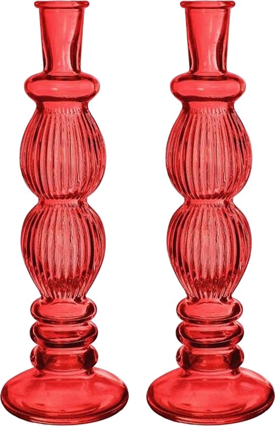 Kaarsen kandelaar Florence - 2x - koraal rood glas - ribbel - D9 x H28 cm