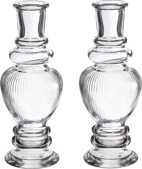 Kaarsen kandelaar Venice - 2x - glas - ribbel transparant - D5,7 x H15 cm
