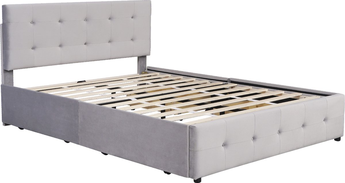 Gestoffeerd bed 140 x 200 cm, tweepersoonsbed met lades, lattenbodem en rugleuning, huidvriendelijk tweepersoonsbed van fluwelen stof voor volwassenen en tieners, grijs (matras niet inbegrepen)