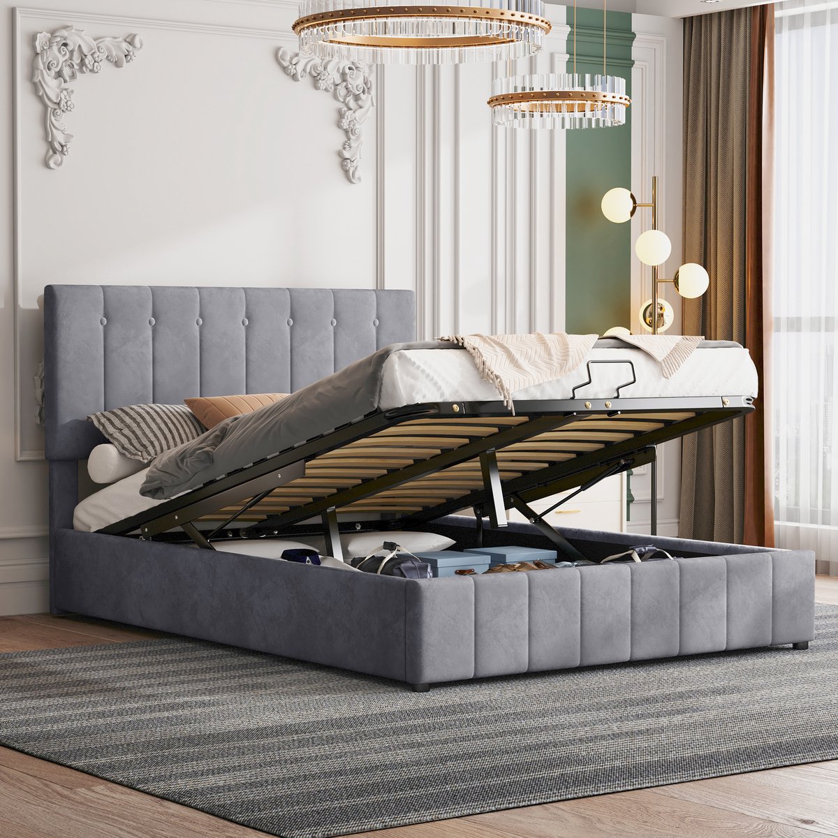 Gestoffeerd bed 140*200, tweepersoonsbed met hydraulisch hefbare bedopbergruimte, in hoogte verstelbaar gestoffeerd hoofdeinde, metalen lattenbodem, huidvriendelijk fluwelen tweepersoonsbed volwassen jeugdbed grijs