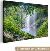 Canvas Schilderij Jungle - Regenwoud - Water - Waterval - Planten - 90x60 cm - Wanddecoratie