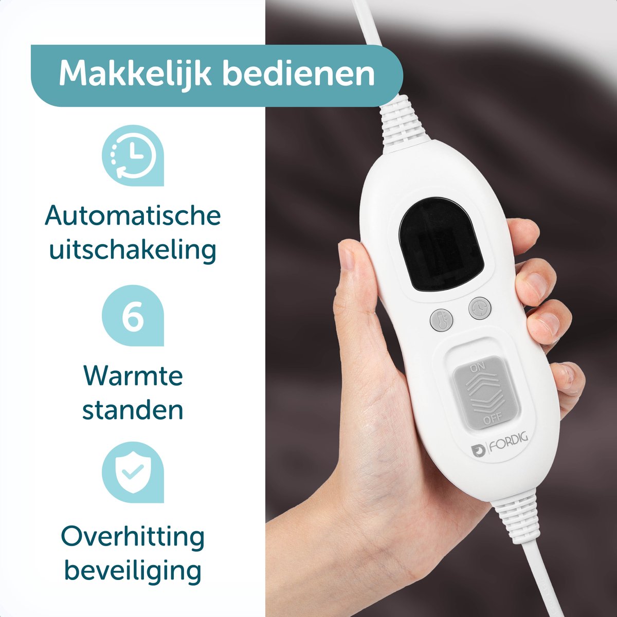 Afbeelding 3 van ForDig Elektrische Deken – Warmtedeken – Bovendeken – 1 persoons – 6 warmtestanden – Timer – 160 x 120cm - Bruin