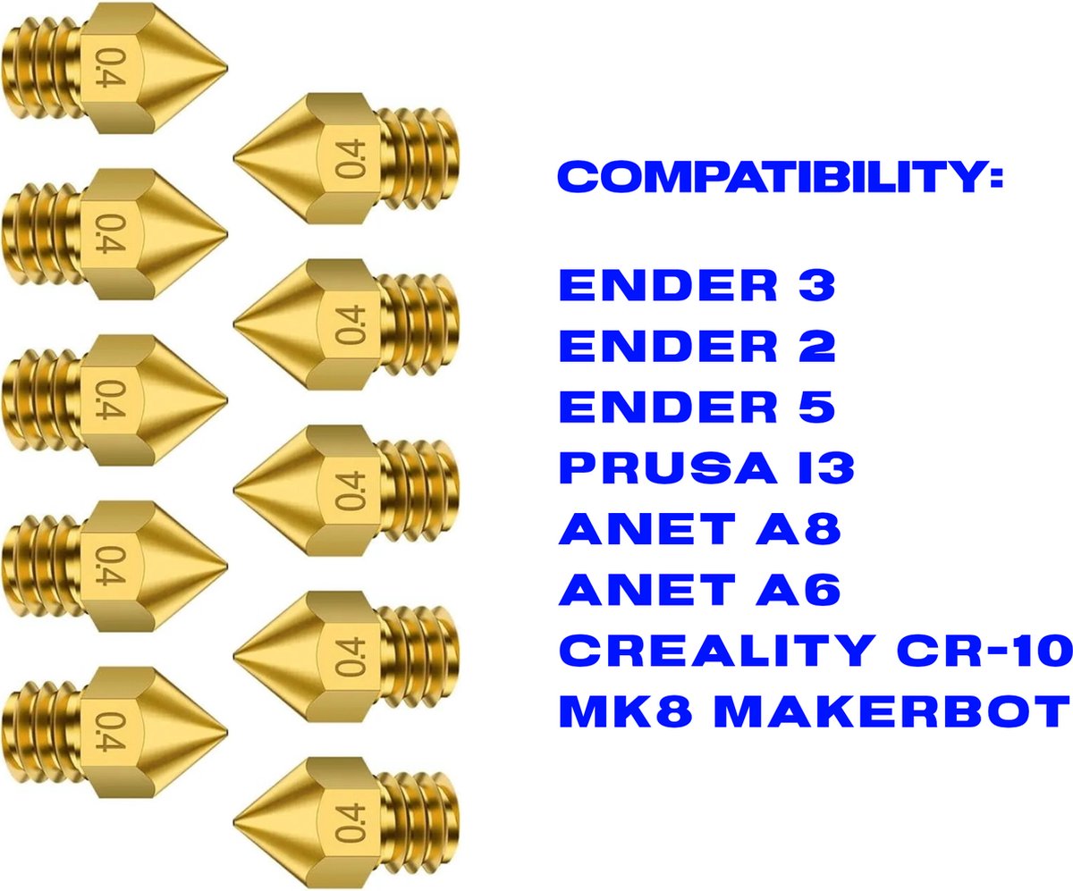 Creality MK8 Imprimante Buse Buse D'extrudeuse D'imprimante 3D Lot de 24  Laiton Buse pour La Série Ender 3 et Creality CR-10 0.2mm, 0.3mm, 0.4mm,  0.5mm, 0.6mm, 0.8mm, 1.0mm Kit De Buses : : Commerce, Industrie et  Science