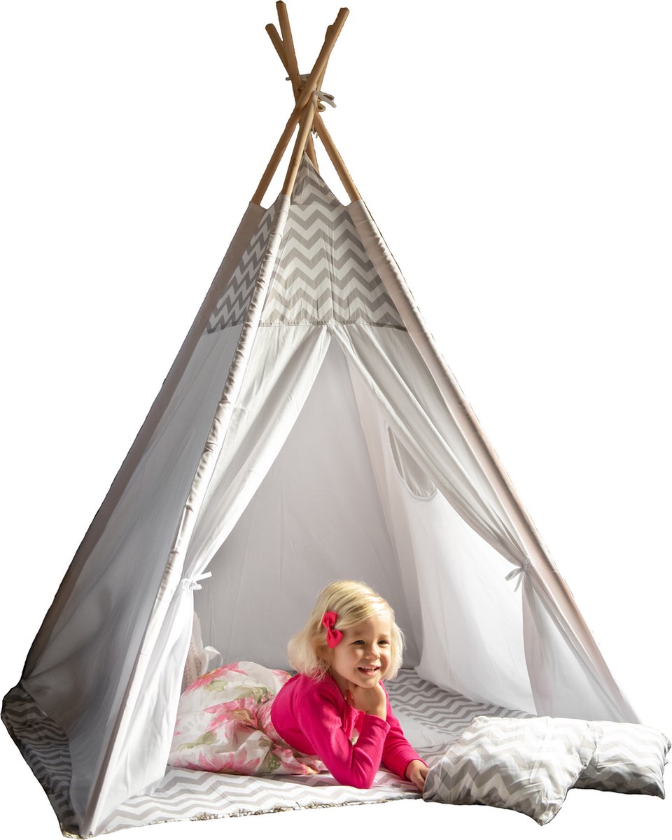 Speeltent - Tipi Tent - Met Grondkleed & Kussens - Speelhuisje - Tent voor kinderen - Grijs-Wit - Sajan