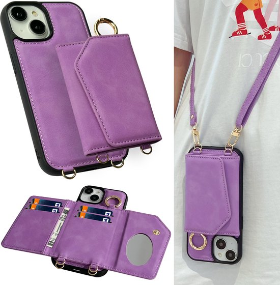 Casemania Hoesje Geschikt voor Apple iPhone 14 Plus Bright Lila - Luxe Back Cover 2 in 1 met Koord - Wallet Case geschikt voor Magsafe - Pasjeshouder